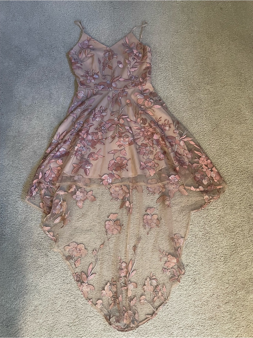 Blush Pink Floral High-Low Mesh Dress